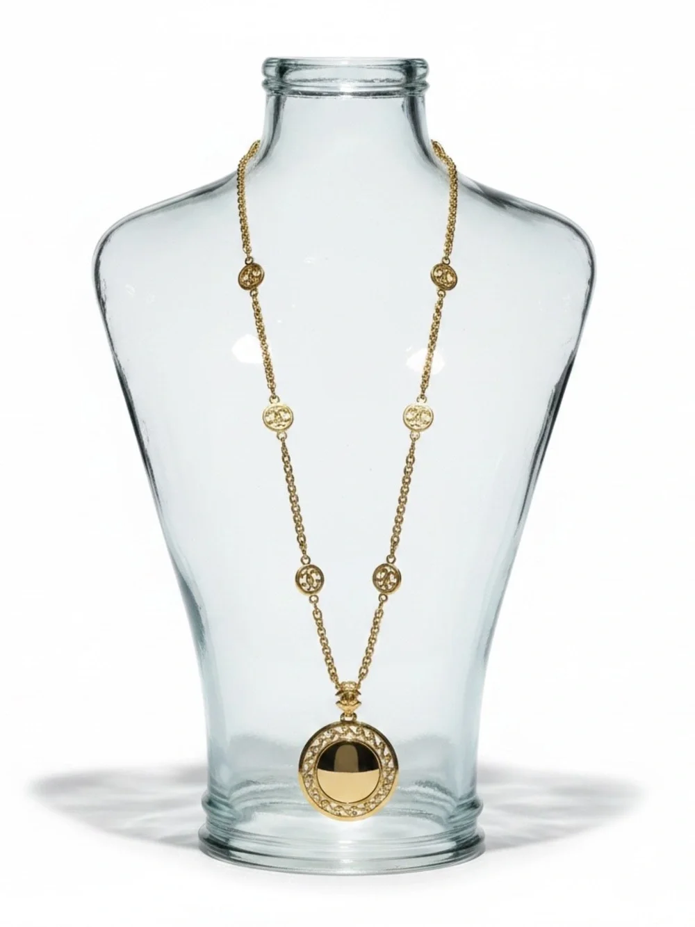 CHANEL Gold Plated Long Medallion Necklace with Mirror Pendant